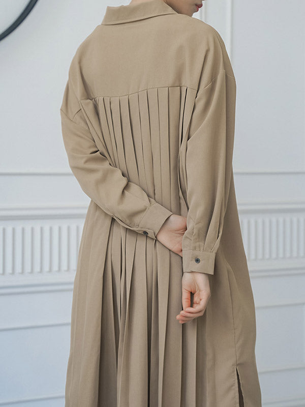 Loose Three-quarter Sleeves Buttoned Split-side Lapel Midi Dresses Shirt Dress