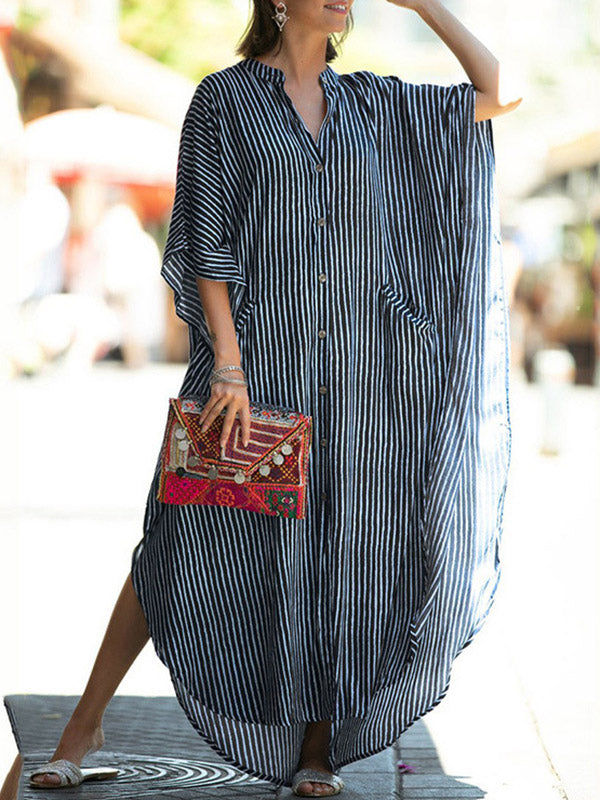 Batwing Sleeves Half Sleeves Buttoned Pockets Striped Round-Neck Beach Cover-Up Maxi Dresses