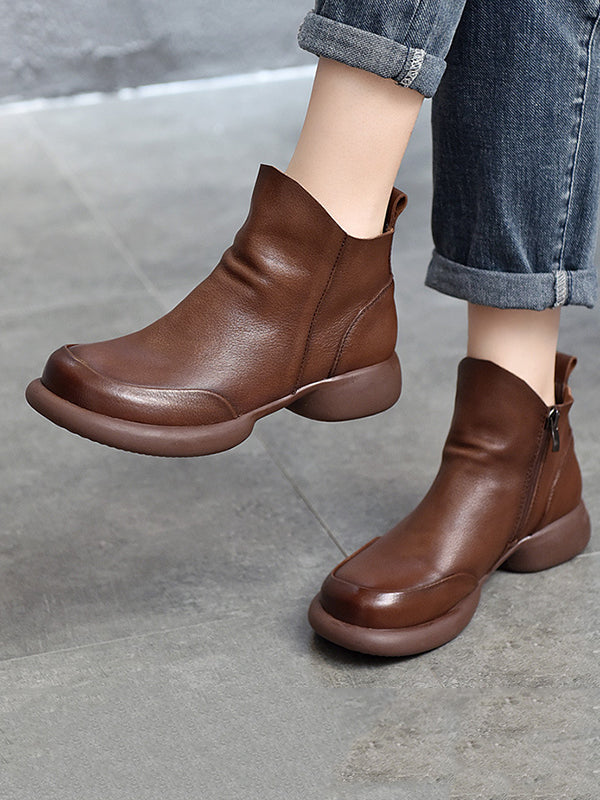 Round-Toe Solid Color Zipper Boots