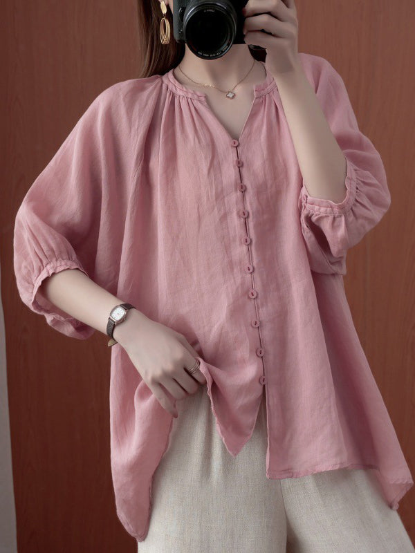 Simple Casual Solid Buttoned Pleated Blouse