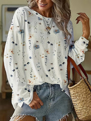 Long Sleeves Loose Flower Print Round-Neck T-Shirts Tops