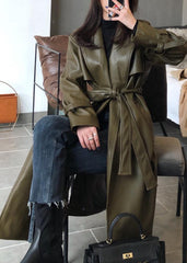 Olive Faux Leather Belted Trench Coat