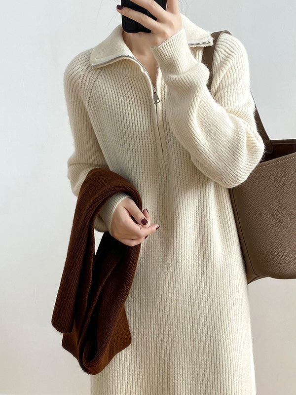 Casual Loose Long Sleeves Solid Color Zipper High-Neck Sweater Dresses