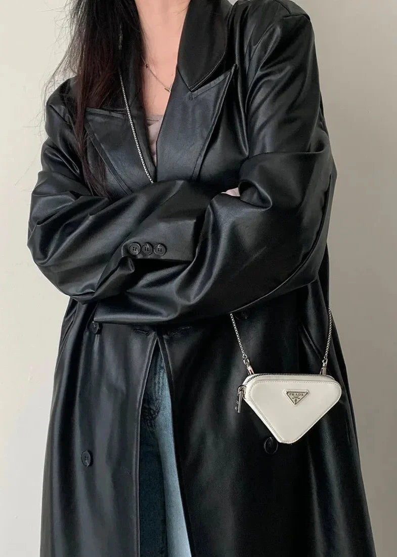 Retro Black PU Leather Trench Coat - Double-Breasted Chic