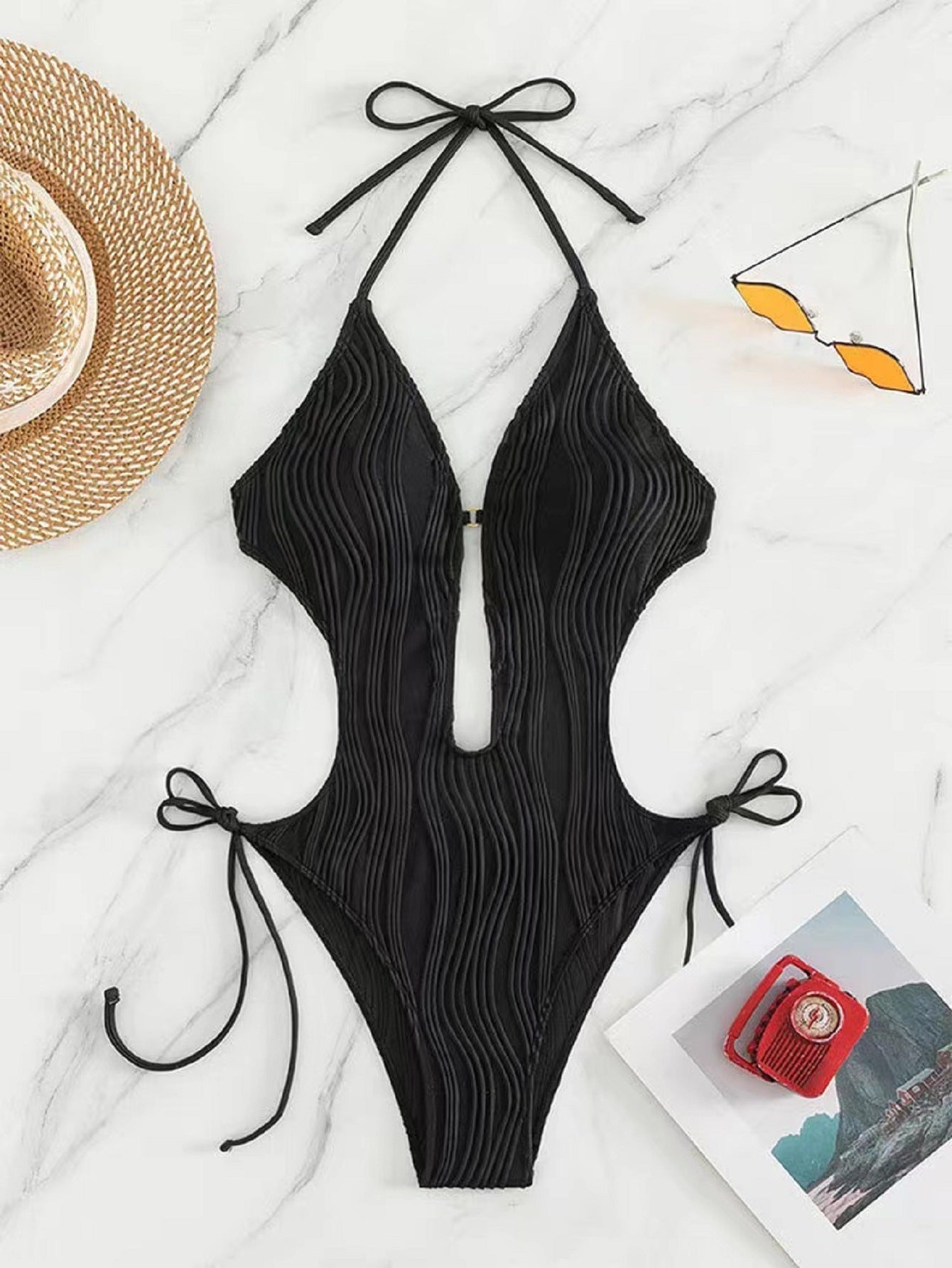 Tides of Elegance - Halter Cutout One-Piece Swimsuit