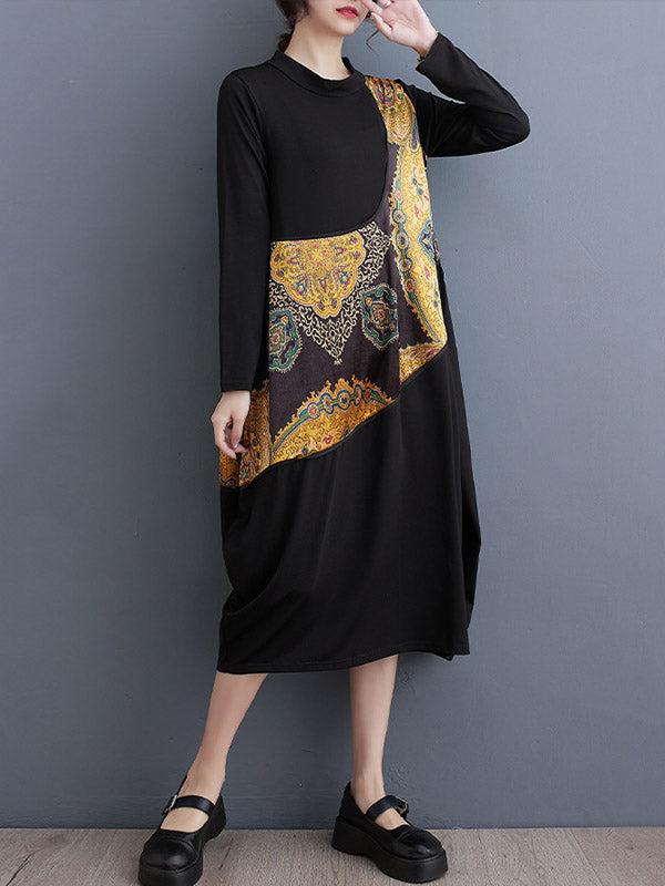 Long Sleeves Loose Asymmetric Printed Split-Joint Round-Neck Midi Dresses