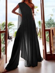 Wide Leg Asymmetric Solid Color One-Shoulder Jumpsuits