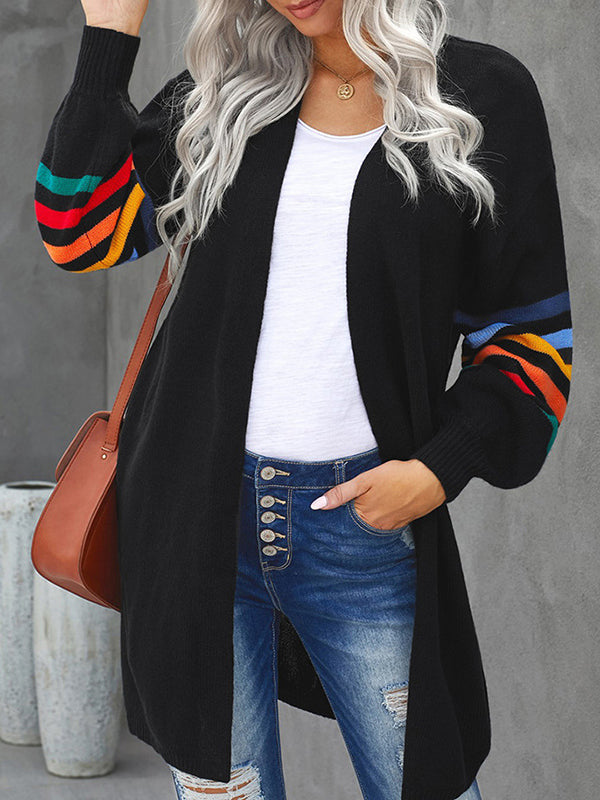 Long Sleeves Loose Colorful Contrast Color Striped Collarless Cardigan Tops