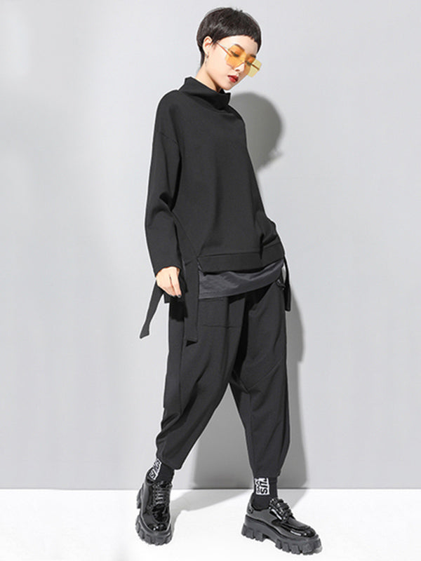 Black False-Two Split-Joint High-Neck Sweatshirt T-Shirt