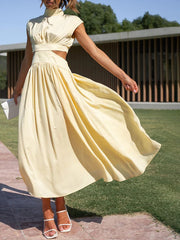 Cap Sleeve Belly-Hollow Pleated Solid Color Stand Collar Maxi Dresses