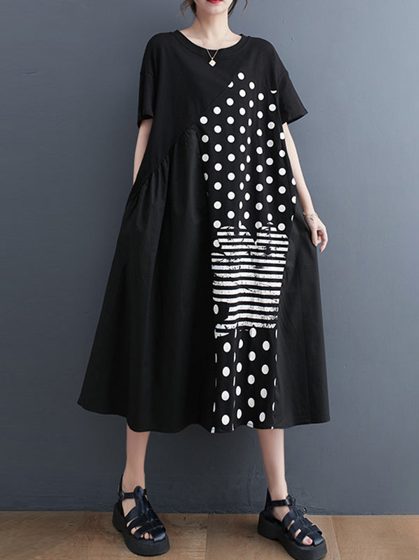 Irregularity Oversize Printed Striped Polka-Dot Split-Joint Round-Neck Midi Dresses