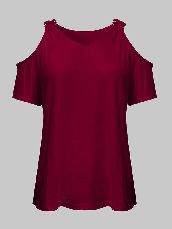 Loose Short Sleeves Solid Color Split-Joint Cold Shoulder T-Shirts Tops