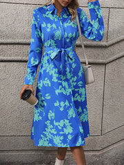 Long Sleeves Loose Printed Split-Joint Tied Waist Lapel Midi Dresses Shirt Dress