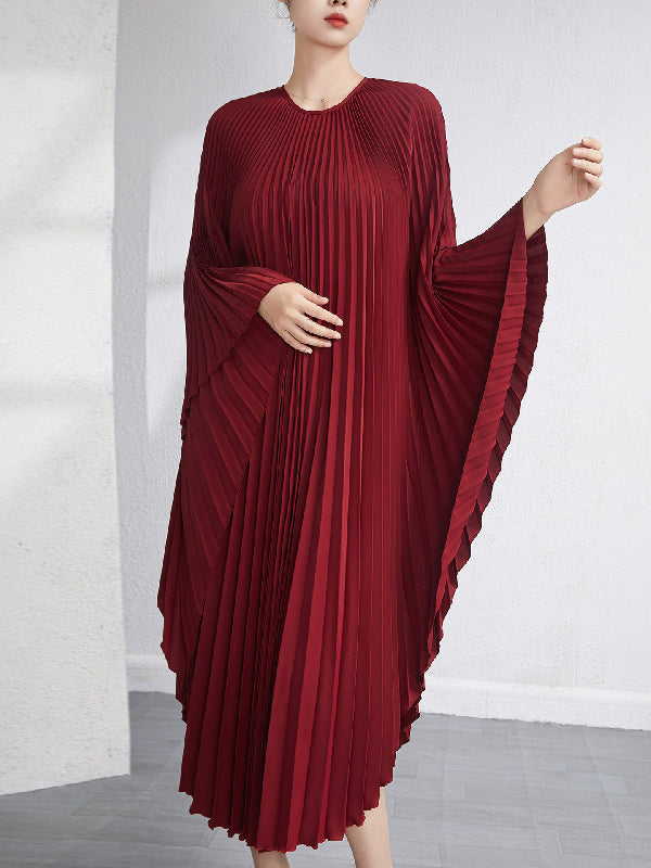 Batwing Sleeves Loose Pleated Solid Color Maxi Dresses