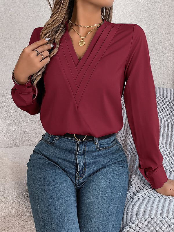 Long Sleeves Loose Pleated Solid Color Split-Joint V-Neck T-Shirts Tops