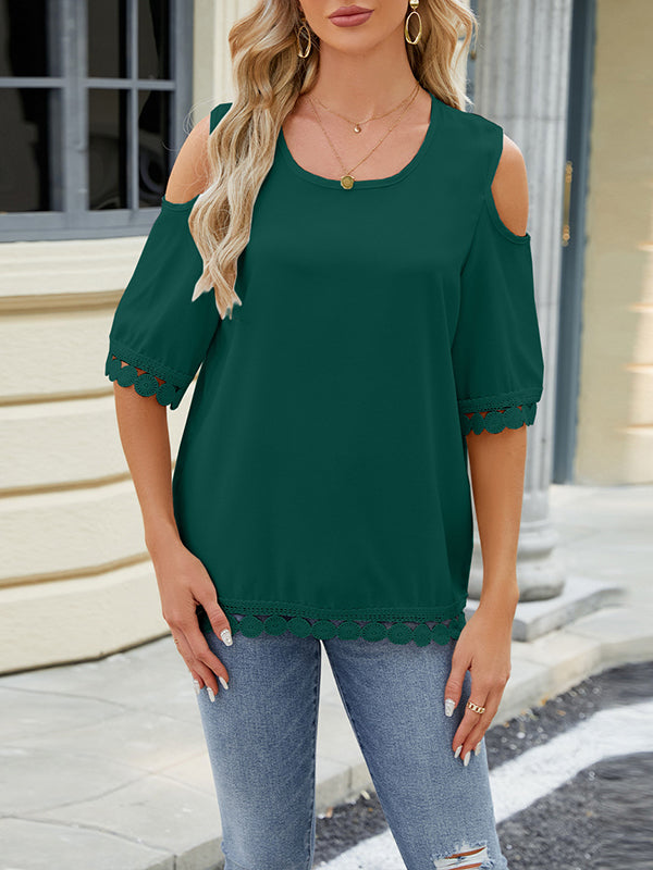 Loose Short Sleeves Solid Color Split-Joint Tasseled Cold Shoulder T-Shirts Tops