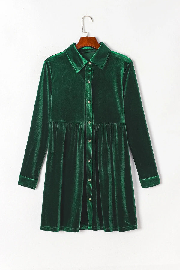 Green Long Sleeve Ruffle Velvet Button Up Shirt Dress