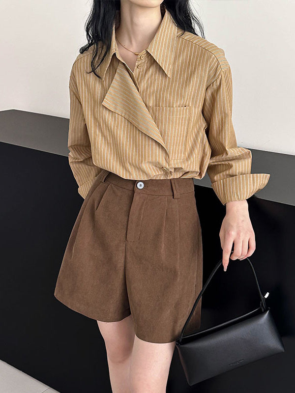 Long Sleeves Loose Asymmetric Split-Joint Striped Lapel Blouses