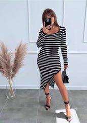 Striped Chic - Side Slit Bodycon Dress