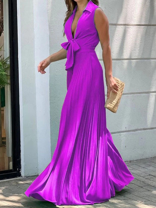 Simple Long Sleeves Lace-Up Pleated Solid Color Deep V-Neck Jumpsuits