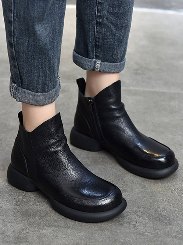 Round-Toe Solid Color Zipper Boots