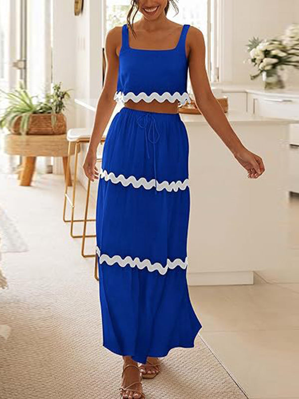 Sleeveless Striped Square-Neck Vest Top + A-Line High Waisted Drawstring Elasticity Pockets Skirts Bottom Two Pieces Set