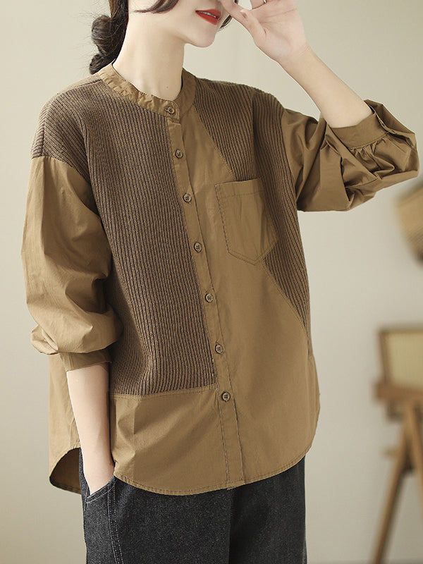 Long Sleeves Loose Asymmetric Buttoned Pockets Split-Joint Round-Neck Blouses&Shirts Tops