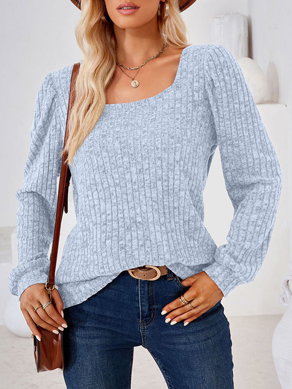 Long Sleeves Loose Solid Color Square-Neck T-Shirts Tops