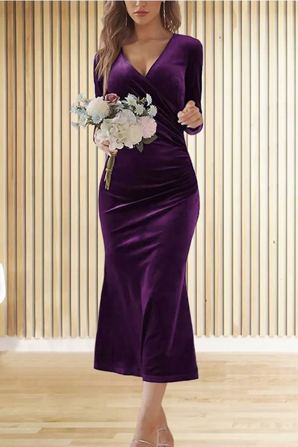 Solid Velvet Long Sleeve V Neck Slim Fit Fishtail Maxi Dress