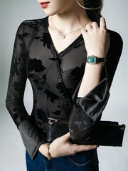 Flared Sleeves Long Sleeves Asymmetric Buttoned Flower Print Mesh See-Through V-neck Blouses&shirts Tops