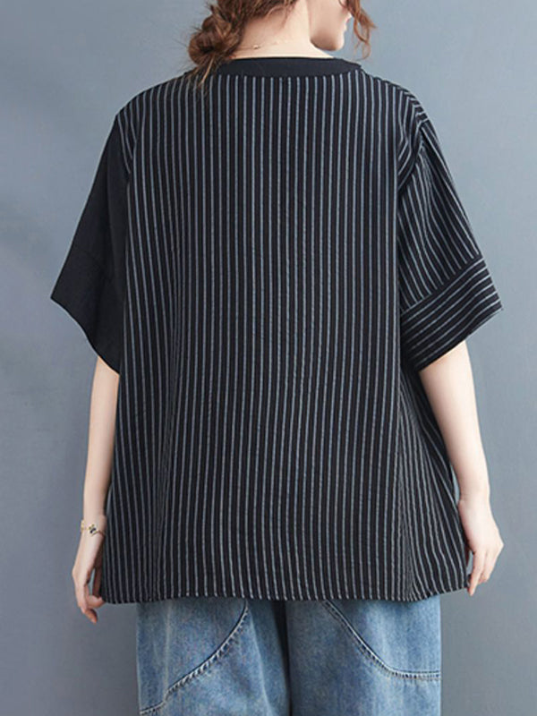 Simple Loose Asymmetric Striped V-Neck Blouse