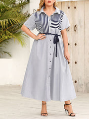 Loose Plus Size Buttoned Split-Joint Striped Tied Waist Lapel Maxi Dresses Shirt Dress