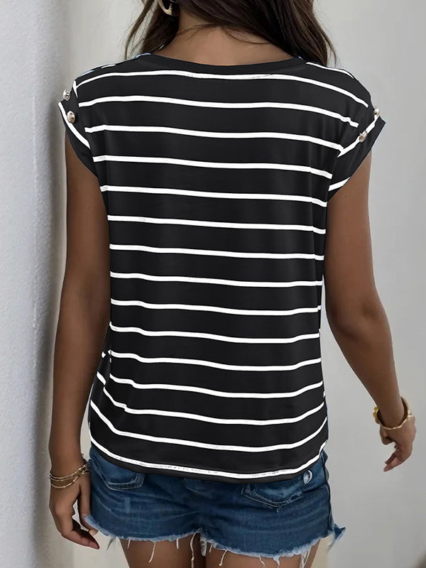 Loose Short Sleeves Split-Joint Striped Round-Neck T-Shirts