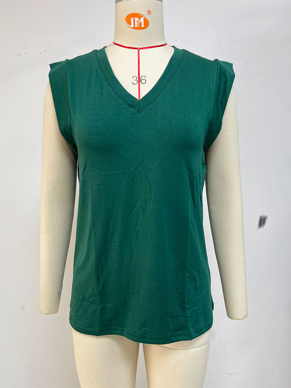 Cap Sleeve Solid Color V-neck T-Shirts Tops