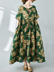 Half Sleeves Loose Flower Print Pleated Pockets Round-neck Midi Dresses