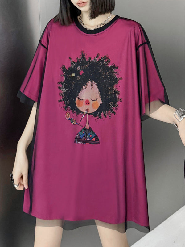 False Two Loose Gauze Printed Split-Joint Tiered Round-Neck T-Shirts Tops