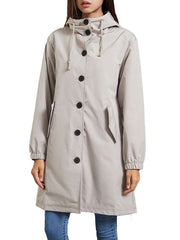 Long Sleeves Loose Buttoned Drawstring Elasticity Hooded Pockets Split-Back Waterproof High-Neck Trench Coats