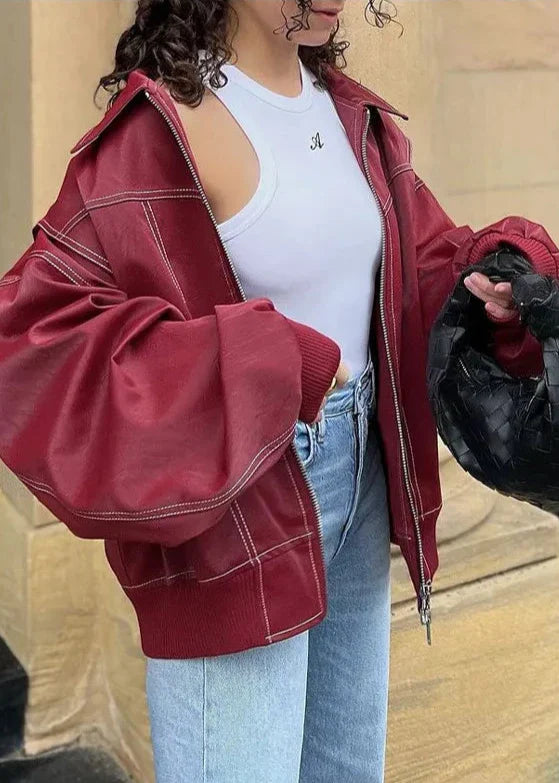 Oversized Wine Red Zipper Jacket