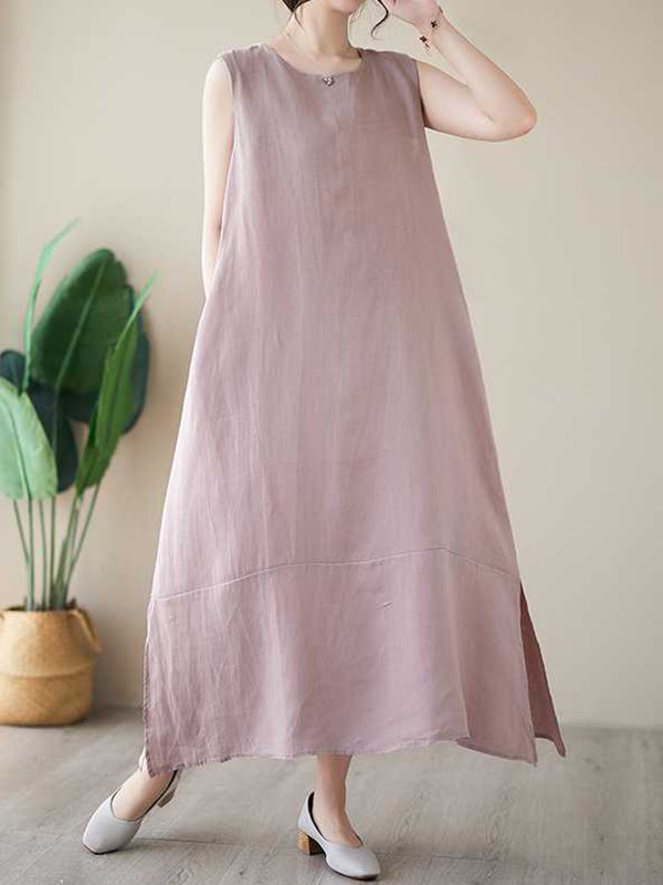 A-Line Loose Solid Color Round-Neck Midi Dresses