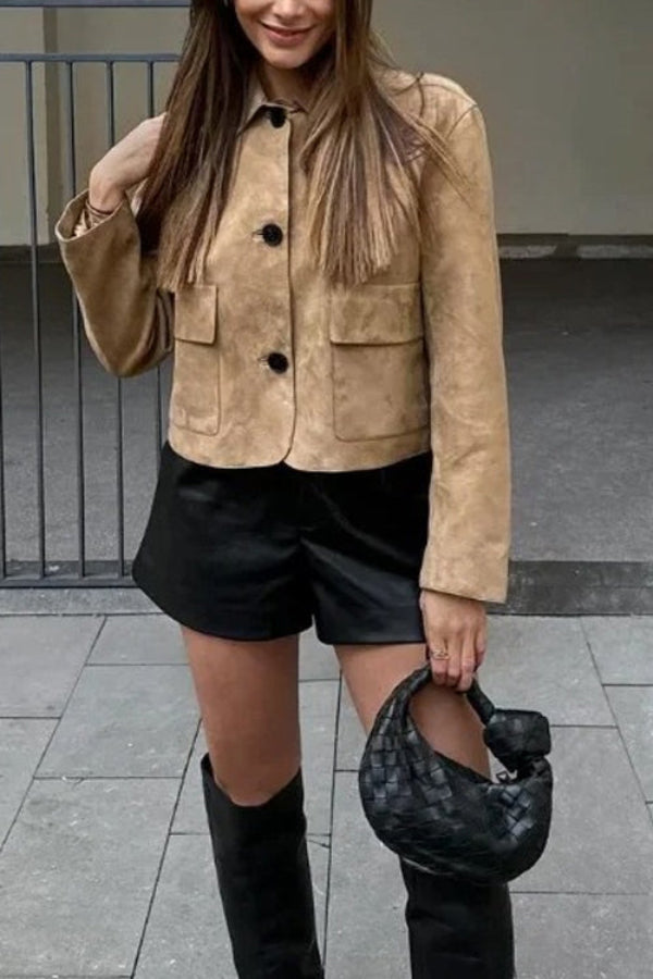 Lapel Button Up Pocketed Faux Suede Crop Jacket