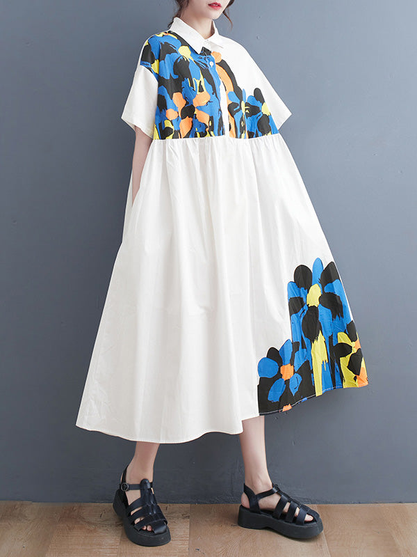 Artistic Retro Loose Short Sleeves Floral Printed Split-Joint Lapel Collar Midi Dresses