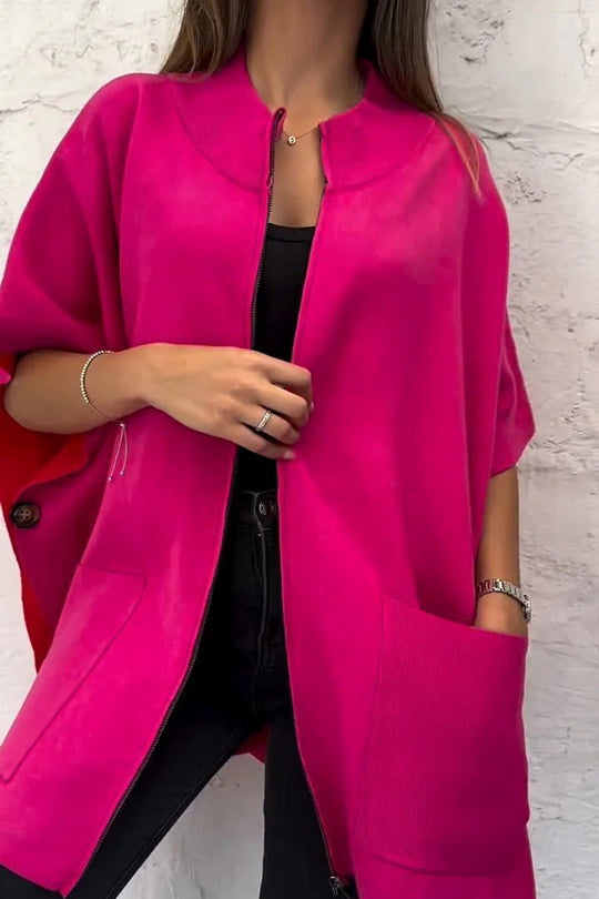 Solid Color Stand Collar Zipper Pocket Loose Shawl Jacket