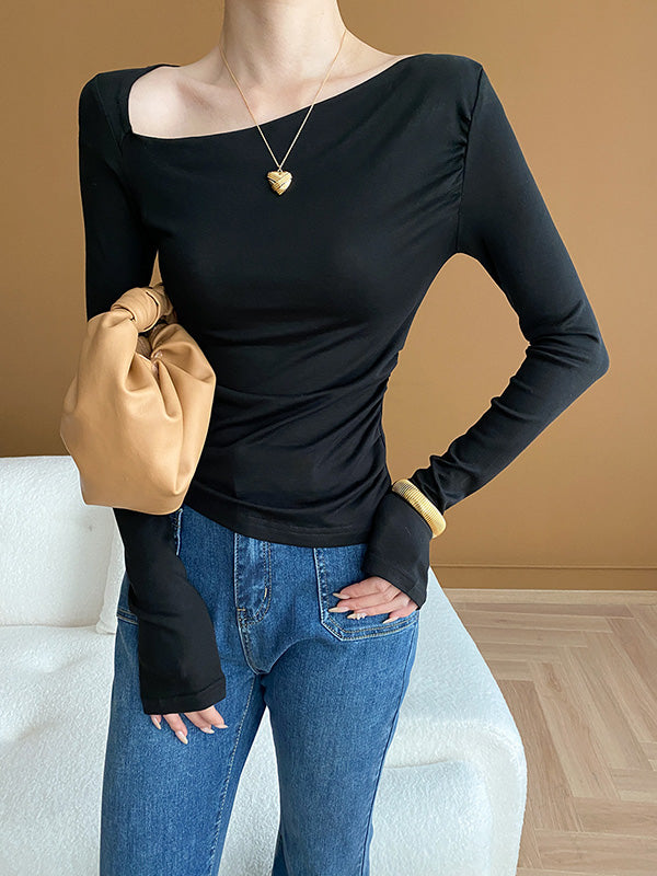 Long Sleeves Skinny Solid Color Asymmetric Collar T-Shirts Tops