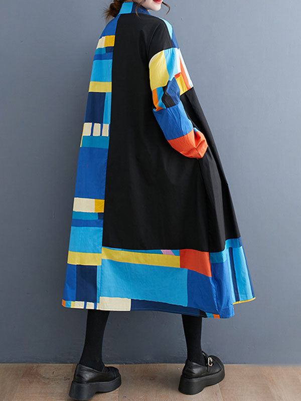 Long Sleeves Loose Color-Block Printed Split-Joint Lapel Midi Dresses