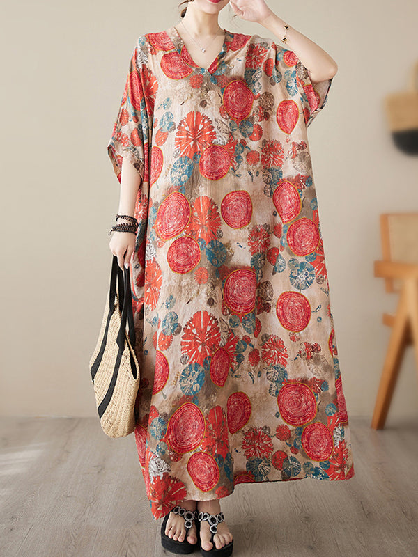 Loose Short Sleeves Printed V-Neck Maxi Dresses