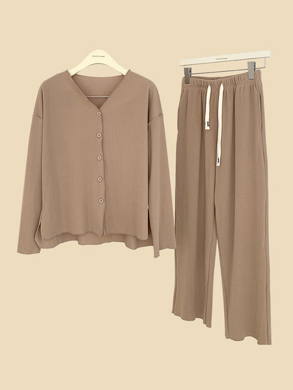 Solid Color Long Sleeves V-Neck Cardigan Tops & Pants Pajamas Set