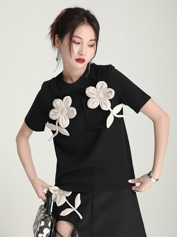 Original Stylish Applique Contrast Color T-Shirt Top