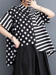 Loose Short Sleeves Polka-Dot Split-Joint Striped Lapel Shirts Tops