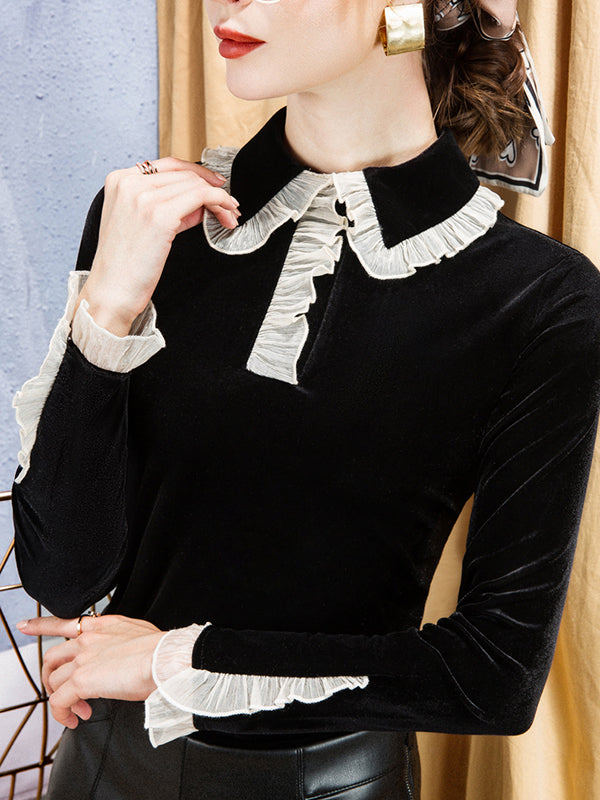 Long Sleeves Skinny Hollow Ruffled Peter Pan Collar T-Shirts Tops