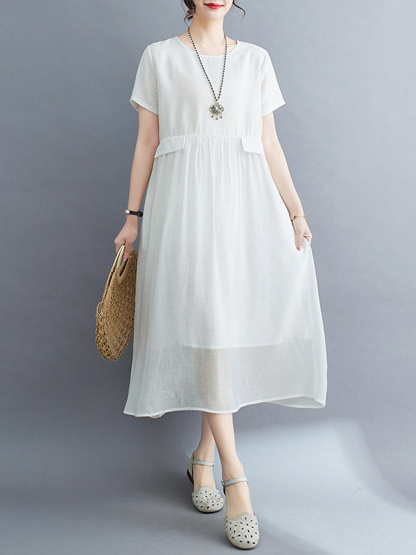 Loose Short Sleeves Gauze Solid Color Split-Joint Round-Neck Midi Dresses